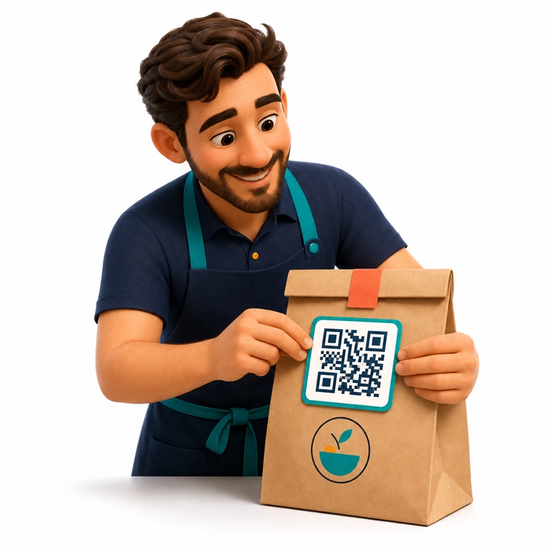 Restaurante integrando el código QR de QRegresa en su bolsa de delivery