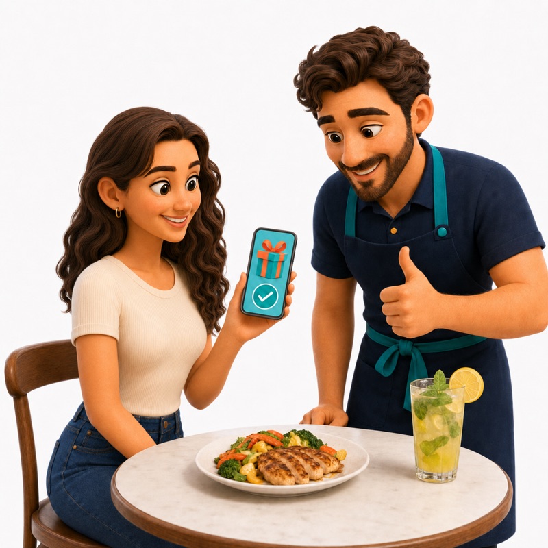 Clienta mostrando su premio en el teléfono y el salonero validándolo en la mesa del restaurante