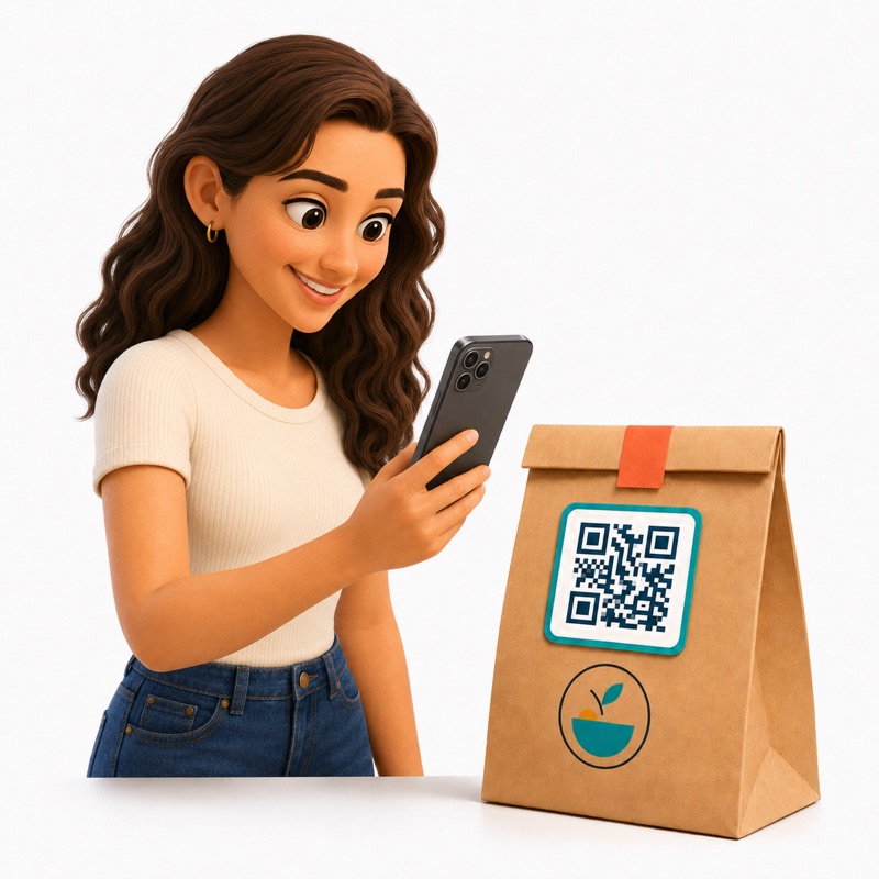 Clienta escaneando el código QR del empaque con su teléfono