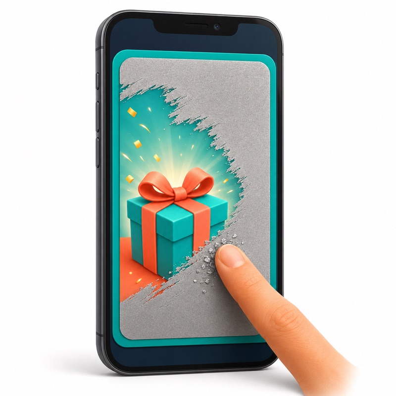 Raspa digital revelando un premio instantáneo en el teléfono